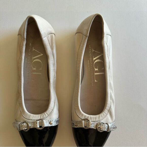 AGL White Leather Black Patient Leather Cap toe Monika ballet flat - Picture 3 of 10